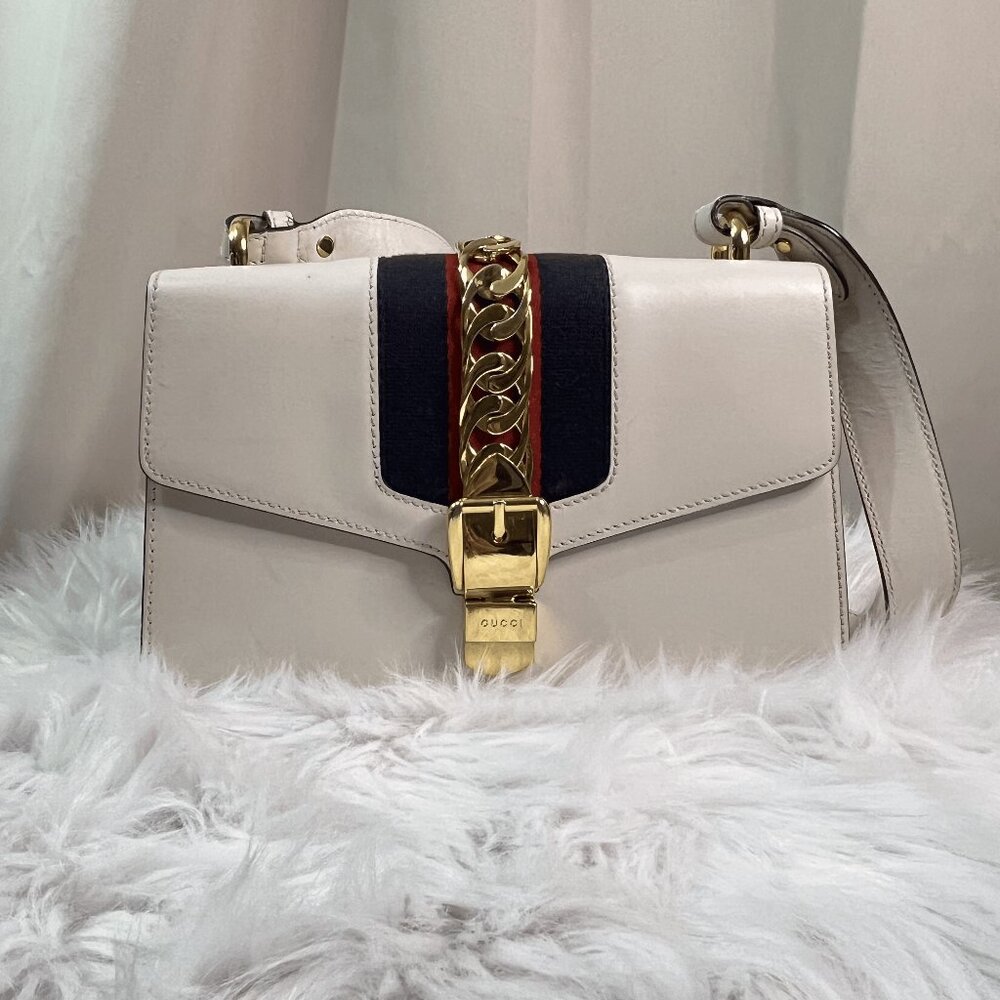 PreOwned Gucci Sylvie Shoulder Bag Small White Leather With Red And Black Strap